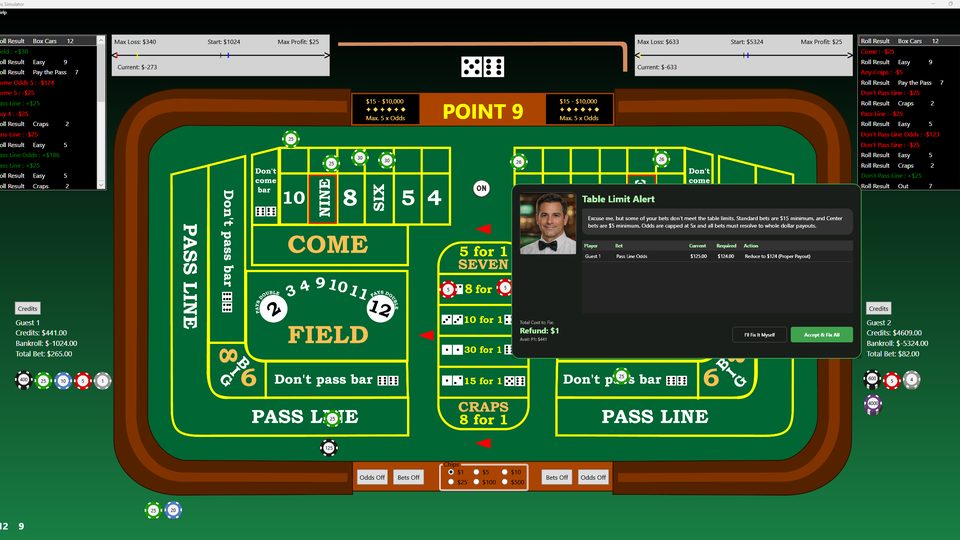 Craps Simulator table