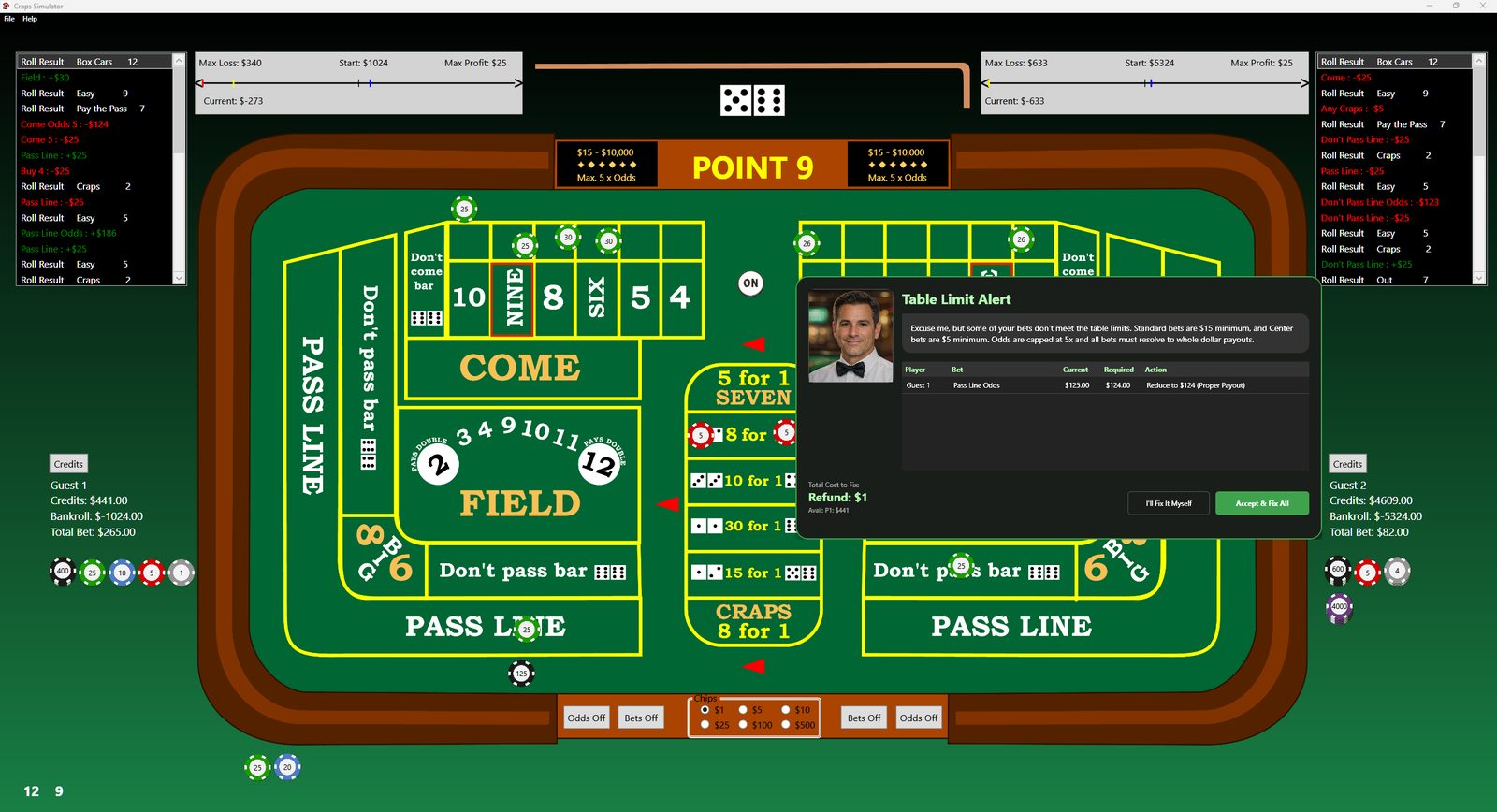 Craps Simulator table