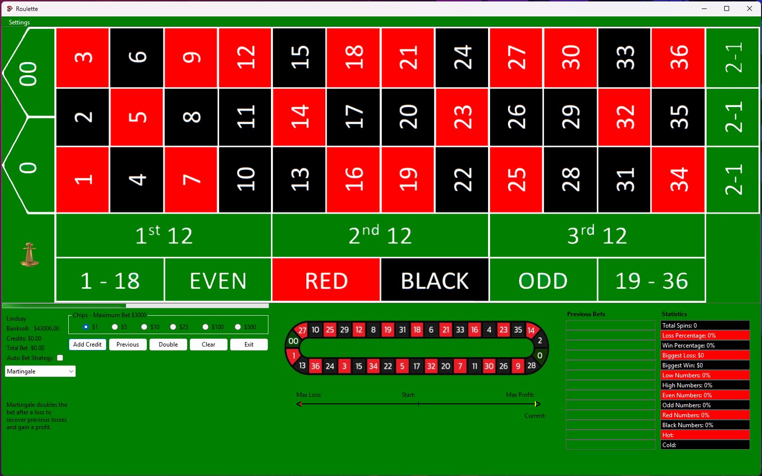 Roulette Simulator table