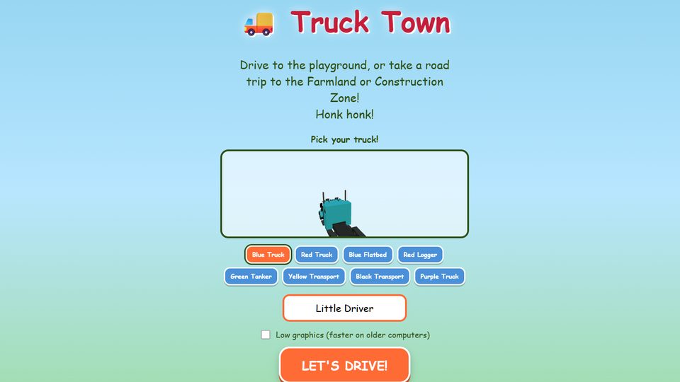 Truck Town start screen with a red truck