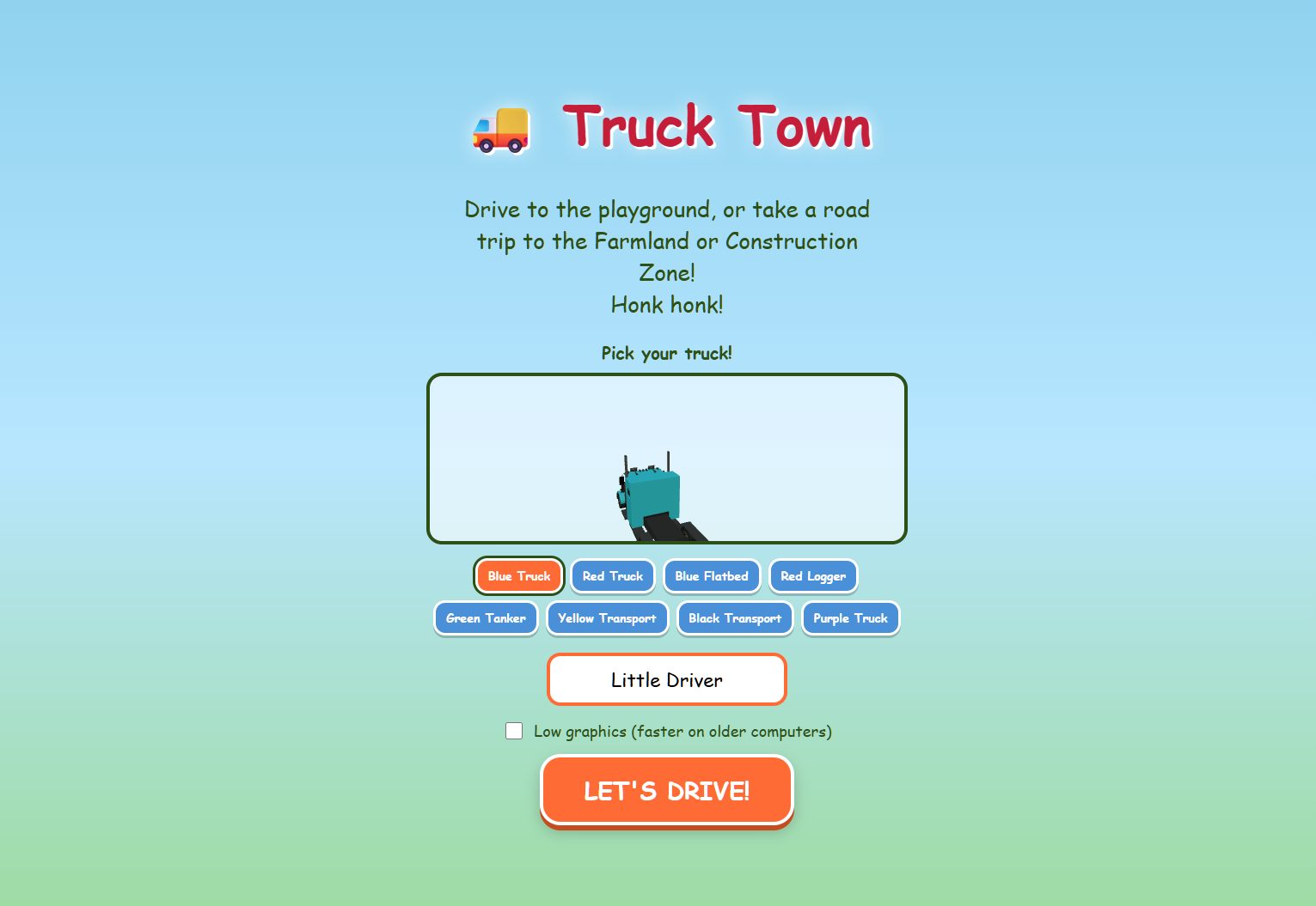Truck Town title scene with a red dump truck